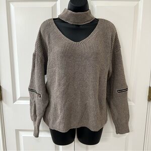 Oversized Taupe Mock-neck Sweater with Cutout